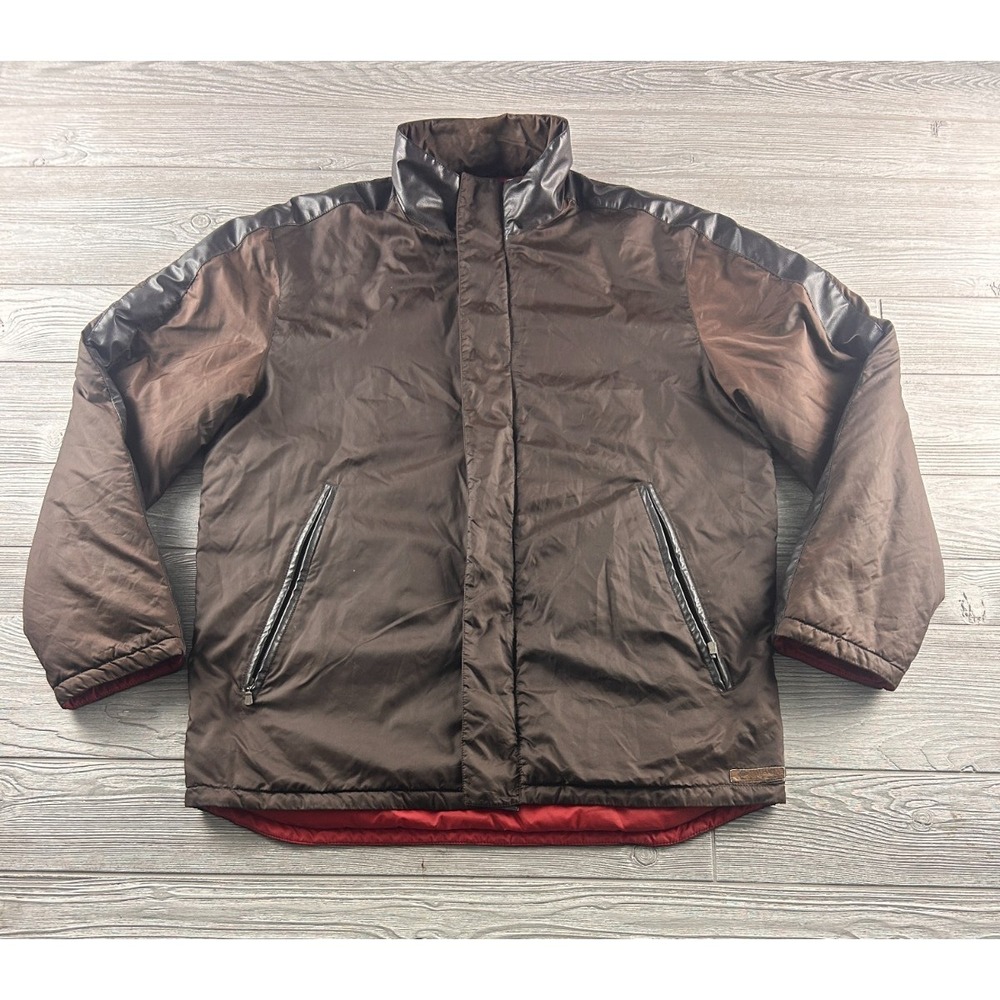Vtg VERSACE SPORT Insulated Puffer Jacket Coat Brown Full Zip Men's Leather Trim